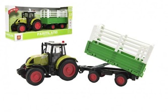Traktor s vlekem plast 38cm na baterie se světlem a zvukem v krabici 42x19x12cm