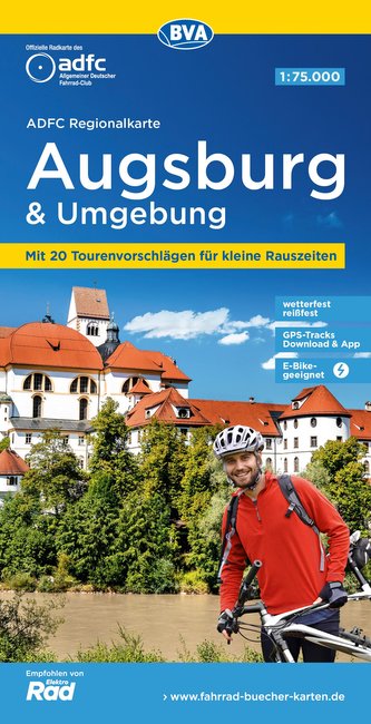 ADFC-Regionalkarte Augsburg und Umgebung, 1:75.000, mit Tagestourenvorschlägen, reiß- und wetterfest, E-Bike-geeignet, GPS-Track