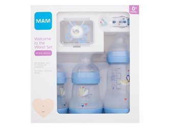 MAM Welcome To The World Set kojenecká láhev Anti-Colic 160 ml 2 ks + kojenecká láhev Anti-Colic 260 ml 1 ks + dudlík Start 1 ks + stužka na dudlík 1 ks
