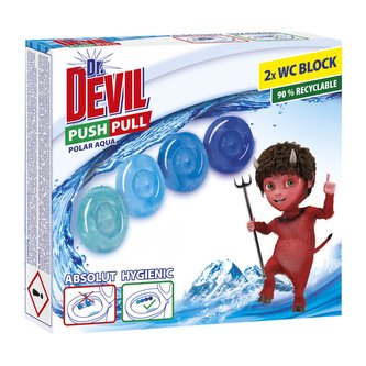 Dr. DEVIL PUSH PULL bezkošíkové hygienické wc bloky Polar Aqua 2x20g Dr. DEVIL PUSH PULL bezkošíkové hygienické wc bloky Polar Aqua 2x20g