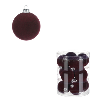 Vánoční plastové koule, sametové, bordó barva. Cena za 1box/12ks.