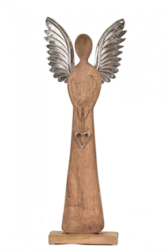 Dřevěný anděl Mango srdce s kovovými křídly 70x23x8 cm