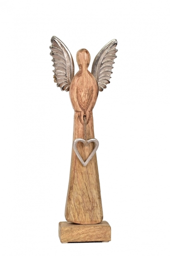 Dřevěný anděl Mango srdce s kovovými křídly 34x12x6 cm