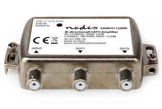 NEDIS zesilovač CATV/ maximální zesílení 12dB/ 85-1218 MHz/ 2 výstupy/ zpětný kanál - 4,5 dB/ 5-65 MHz/ konektor F/ šedý NEDIS zesilovač CATV/ maximální zesílení 12dB/ 85-1218 MHz/ 2 výstupy/ zpětný kanál - 4,5 dB/ 5-65 MHz/ konektor F/ šedý