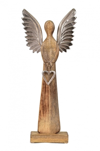 Dřevěný anděl Mango srdce s kovovými křídly 45x17x6 cm