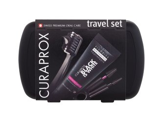 Curaprox Black Is White skládací zubní kartáček CS 5460 Ultra Soft 1 ks + zubní pasta Black Is White 10 ml + mezizubní kartáček 2 ks + držák na mezizubní kartáček 1 ks