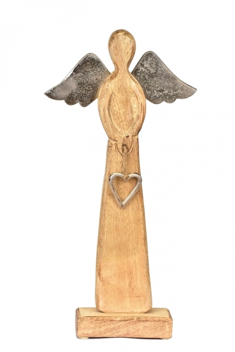Dřevěný anděl Mango srdce s kovovými křídly 40,5x20,5x6 cm