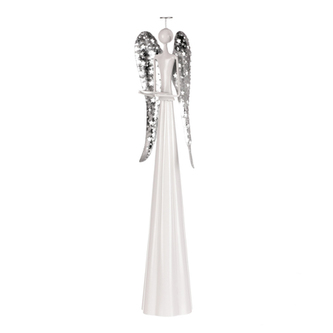 Anděl kovový, na čajovou/LED svíčku, bílá barva.