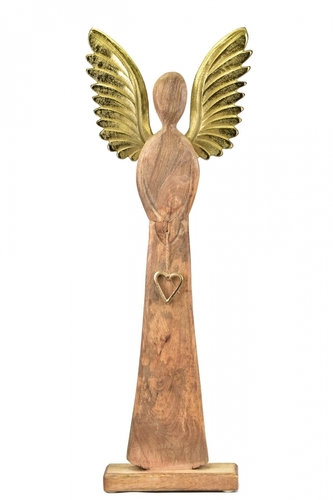 Dřevěný anděl Mango srdce gold s kovovými křídly 115x45x13 cm