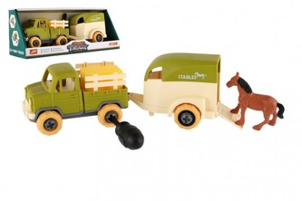 Auto nákladní s vlekem na koně šroubovací plast 25cm se šroubovákem na volný chod v krab. 30x12x9cm