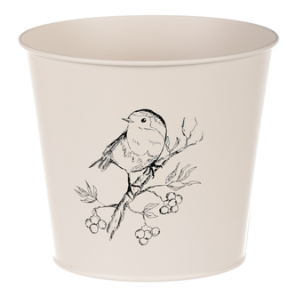 Obal kovový, krémová barva s ptáčkem.