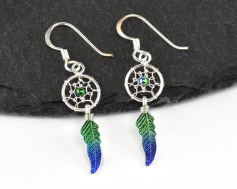 Stříbrné visací náušnice, Lapač snů fialovo-zelený mini