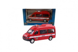 Auto hasiči kov/plast 15cm na zpětné natažení na baterie se zvukem se světlem v krabičce 16x8,5x7cm