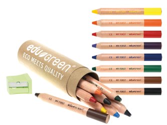 EDU3 Green My First měkké kulaté pastelky ve dřevě, tuha 8 mm, 8 barev, 1 ořezávátko v kartonovém tubusu