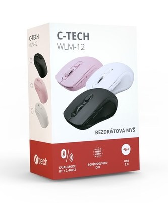 C-TECH myš Dual mode, bezdrátová, 1600DPI, 6 tlačítek, růžová, USB nano receiver