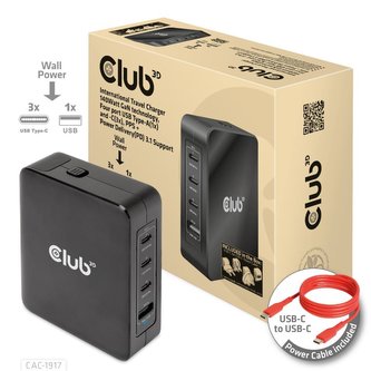 Club3D cestovní nabíječka 140W GaN technologie, 3xUSB-A, 1xUSB-C, PPS + PD 3.1 Support Club3D cestovní nabíječka 140W GaN technologie, 3xUSB-A, 1xUSB-C, PPS + PD 3.1 Support