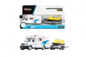 Auto obytné se snowmobilem kov/plast 22cm na zpětné natažení v krabičce 24x12x6cm
