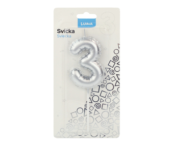 Svíčka č. 3 balónek STŘÍBRNÝ LUMA