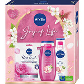 Nivea Joy Of Life sprchový gel Joy Of Life 250 ml + tělové mléko Joy Of Life 250 ml + textilní pleťová maska Rose Touch 1 ks