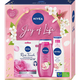 Nivea Joy Of Life sprchový gel Joy Of Life 250 ml + tělové mléko Joy Of Life 250 ml + textilní pleťová maska Rose Touch 1 ks