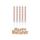 Dortové svíčky rose gold s držátky a nápis happy birthday 8 cm - 16 ks