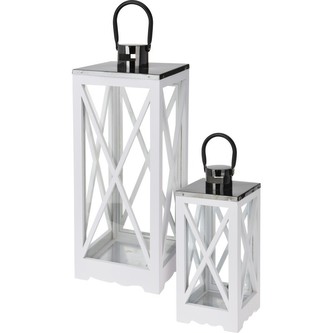 Lucerna dřevěná na svíčku bílá sada 2 ks