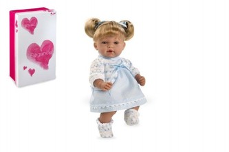 Panenka/miminko Andrea 28cm modré měkké tělo se zvukem na baterie v krabici