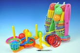 Házecí hra kříž s kruhy a košíky + 5 míčků+5 kruhů plast v síťce