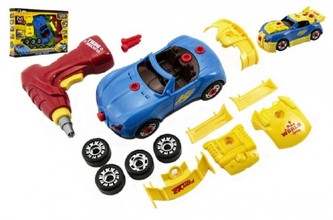 Sada auto šroubovací s vrtačkou+součástky plast 18cm na baterie se světlem v krabici 40x28cm