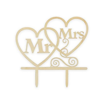 Dřevěná dekorace na dort - Mr a Mrs - srdíčka