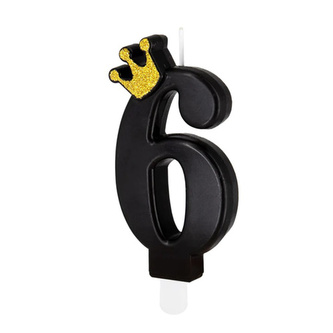 Dortová svíčka číslo 6 - černá s korunkou 8,8 cm