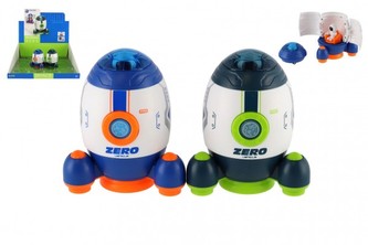 Raketoplán/raketa plast 9x11cm s kosmonautem s vozítkem na setrvačník 2 barvy 12ks v boxu