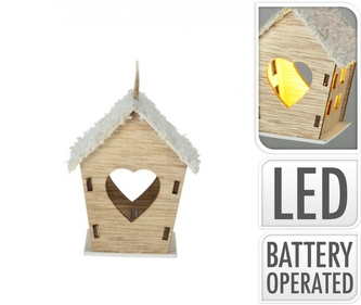 Dřevěný LED domeček se srdíčkem 6x8,5x7 cm