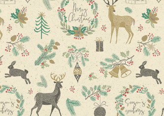 Papír dárkový vánoční 1,5 m x 70 cm, motiv sobi, zajíci, stromy, jehličí