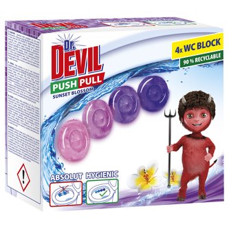 Dr. DEVIL PUSH PULL bezkošíkové hygienické wc bloky Sunset Blossom 4x20g Dr. DEVIL PUSH PULL bezkošíkové hygienické wc bloky Sunset Blossom 4x20g