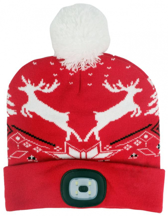 Čepice s čelovkou LED vánoční červená se sobi (USB nabíj