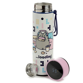 Nerezová termoláhev  s digitálním teploměrem  450ml  - Kočka Pusheen hraje hry