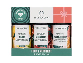 The Body Shop Foam & Merriment sprchový gel Mango 60 ml + sprchový gel Strawberry 60 ml + sprchový gel Pink Grapefruit 60 ml