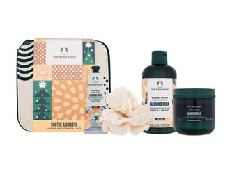 The Body Shop Almond Milk sprchový krém Shower Cream Almond Milk 250 ml + tělový jogurt Body Yogurt Almond Milk 200 ml + balzám na ruce Hand Balm Almond Milk 30 ml + mycí houba 1 ks + kosmetická taštička
