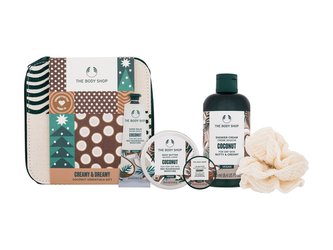 The Body Shop Coconut sprchový krém Coconut Shower Cream 250 ml + tělové máslo Coconut Body Butter 50 ml + balzám na ruce Coconut Hand Balm 30 ml + máslo na rty Coconut Lip Butter 10 ml + žínka + kosmetická taštička