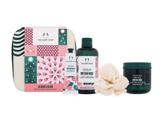 The Body Shop British Rose sprchový gel Shower Gel British Rose 250 ml + tělový jogurt Body Yogurt British Rose 200 ml + krém na ruce Hand Cream British Rose 30 ml + mycí houba 1 ks + kosmetická taštička