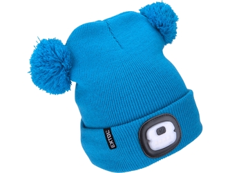 EXTOL LIGHT čepice s čelovkou 4x25lm, USB nabíjení, modrá s bambulemi, dětská