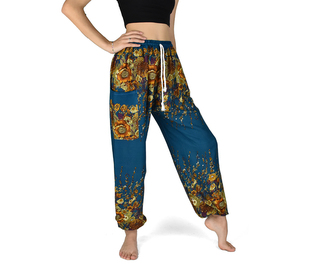 Kalhoty Joga SOLADA, petrolejové s květy