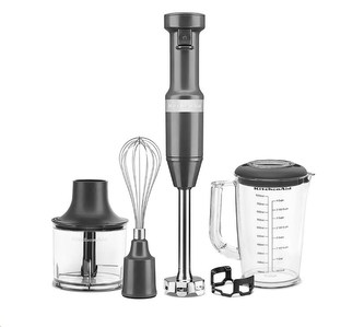 KitchenAid 5KHBV83EDG ruční mixér s příslušenstvím, 180 W, šlehač a sekáček, 1l mixovací nádoba, 6100-11000 RPM, šedý