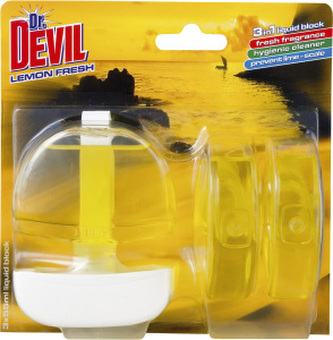 Dr. Devil 3v1 Lemon Fresh tekutý WC blok, košíček + náplň 3× 55 ml