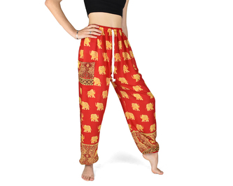 Kalhoty Joga SOLADA, červené, zlatí sloni