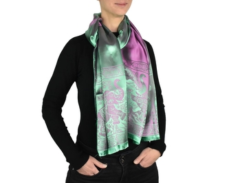 Šátek kašmírské hedvábí zelená - fialoví sloni