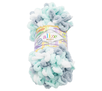 Příze PUFFY color - bílá, šedá, mint - 100g / 9 m