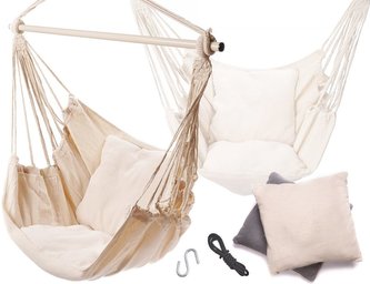 Brazilské závěsné houpací křeslo s dřevěnou tyčí a polštáři, béžová