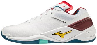 Mizuno WAVE STEALTH NEO / White/High Visibility/Moroccan Blue Velikost boty: 38.0/5.0